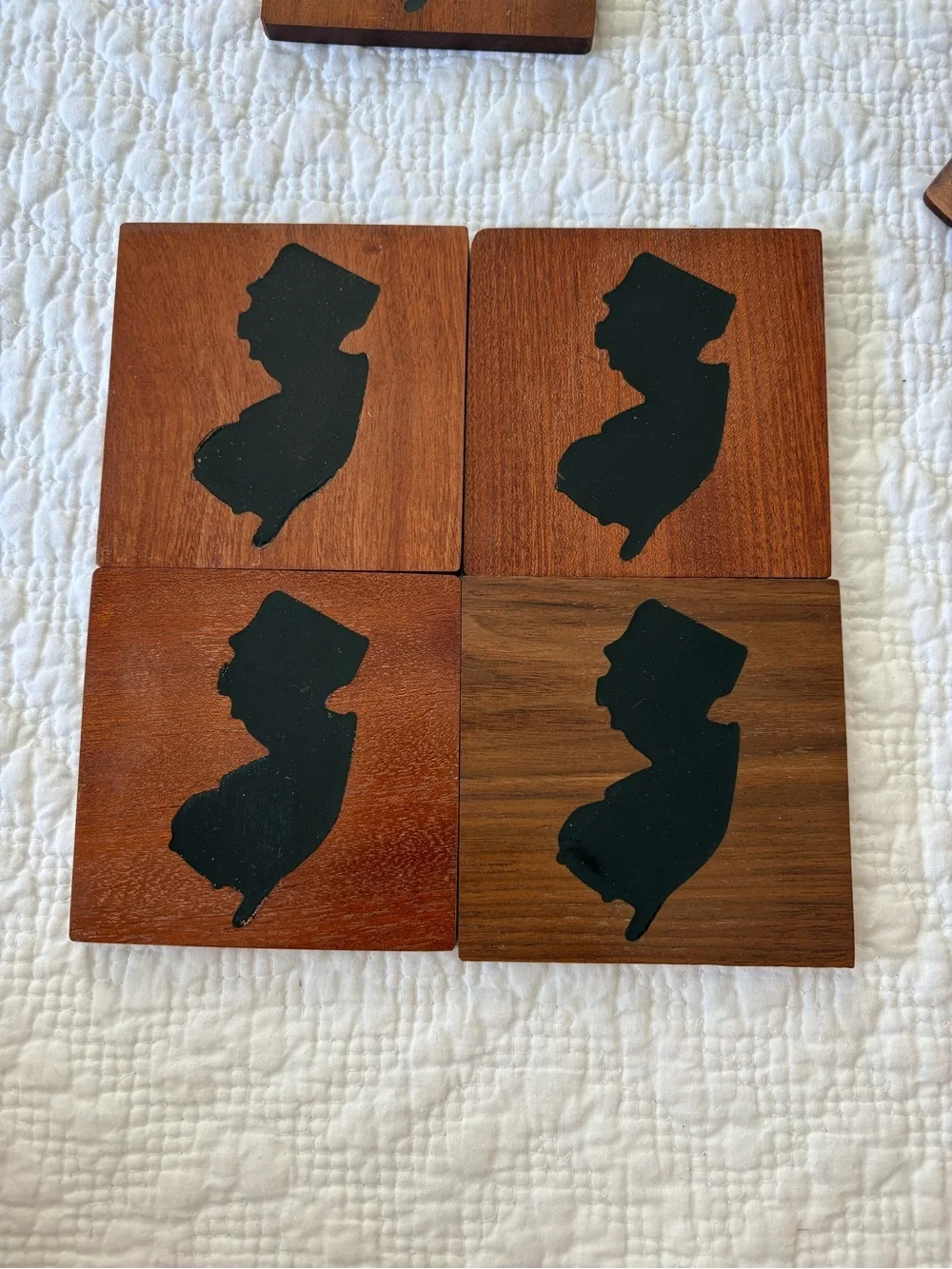 New Jersey wood coaster set. Black NJ silhouette on wood. 5 + holder.